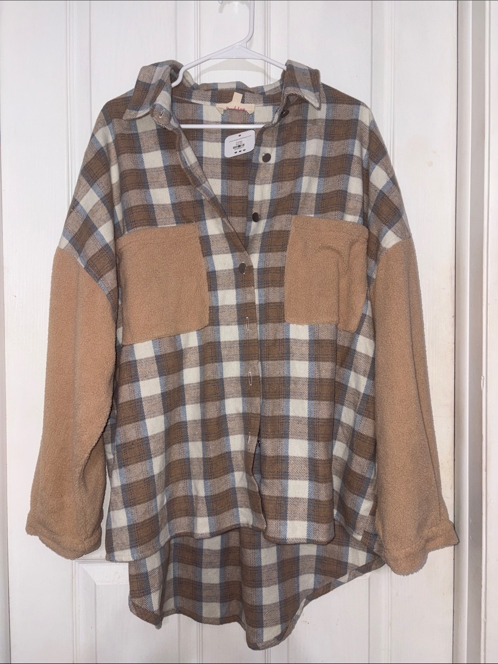 Neutral Plaid Teddy Shacket with Tan Fleece Sleeves
